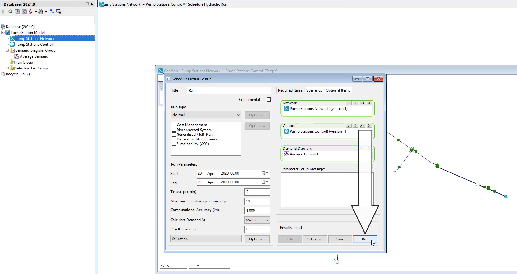 In the Schedule Hydraulic Run, options configured and Run selected and called out; and in the background, the Pump Stations Network GeoPlan.