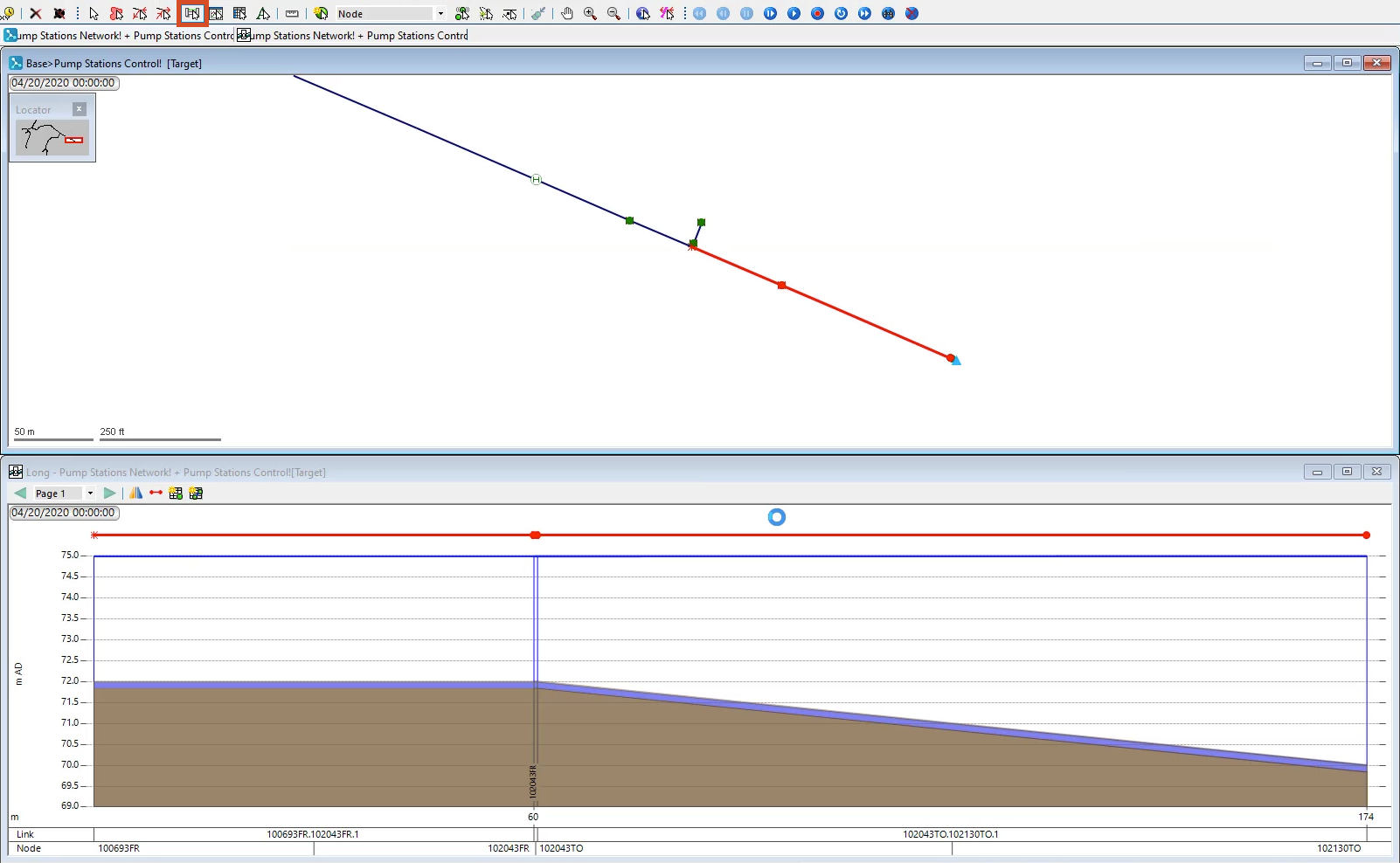 In the Tools toolbar, the Long section pick button highlighted in red, in the GeoPlan, a zoomed-in view with two links selected, and below the model, the long section window.