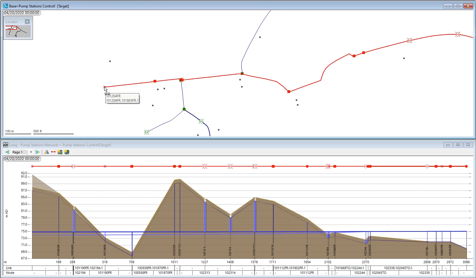 In the GeoPlan, links traced and highlighted in red, and below, the long section window built to match the selection.