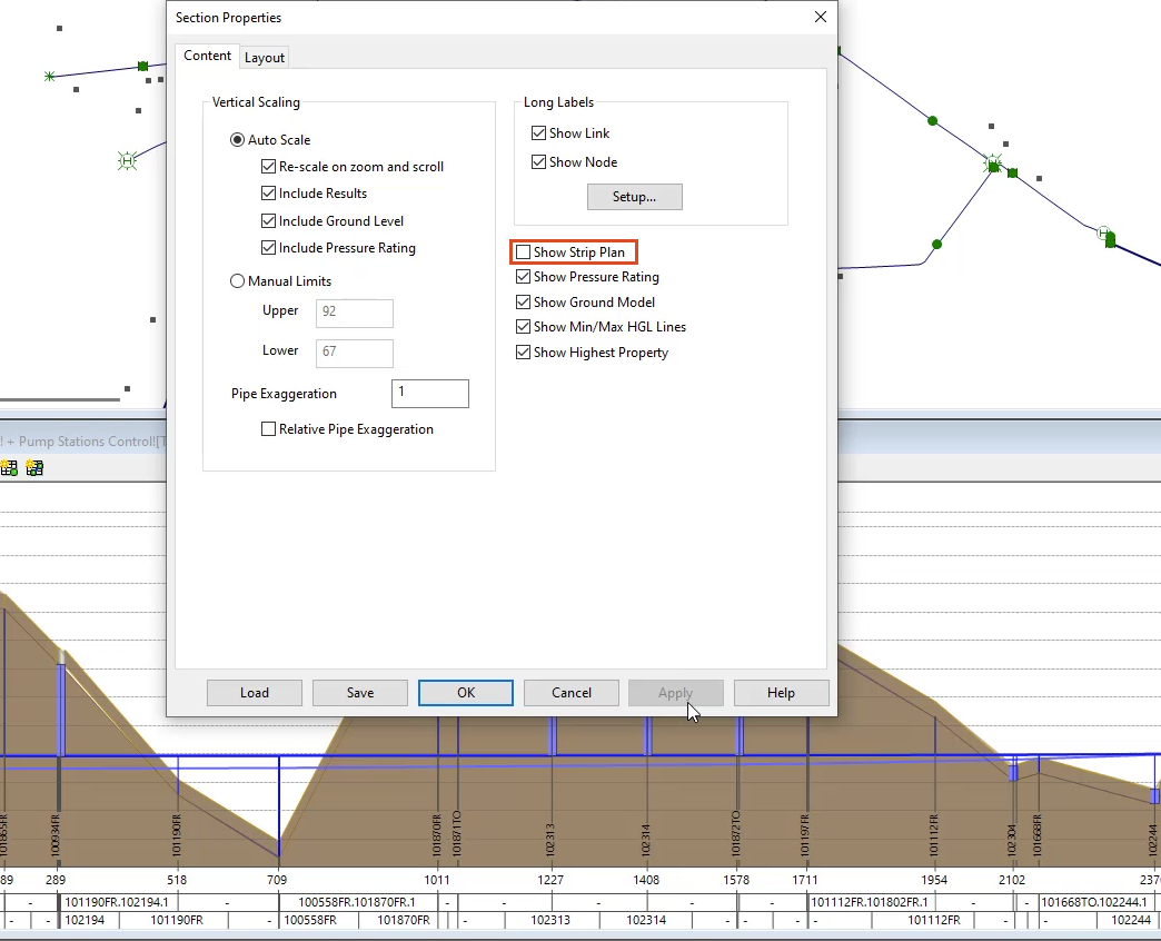 The Section Properties dialog box, Content tab with Show Strip Plan deselected and highlighted in red, and the long section window without the strip plan.