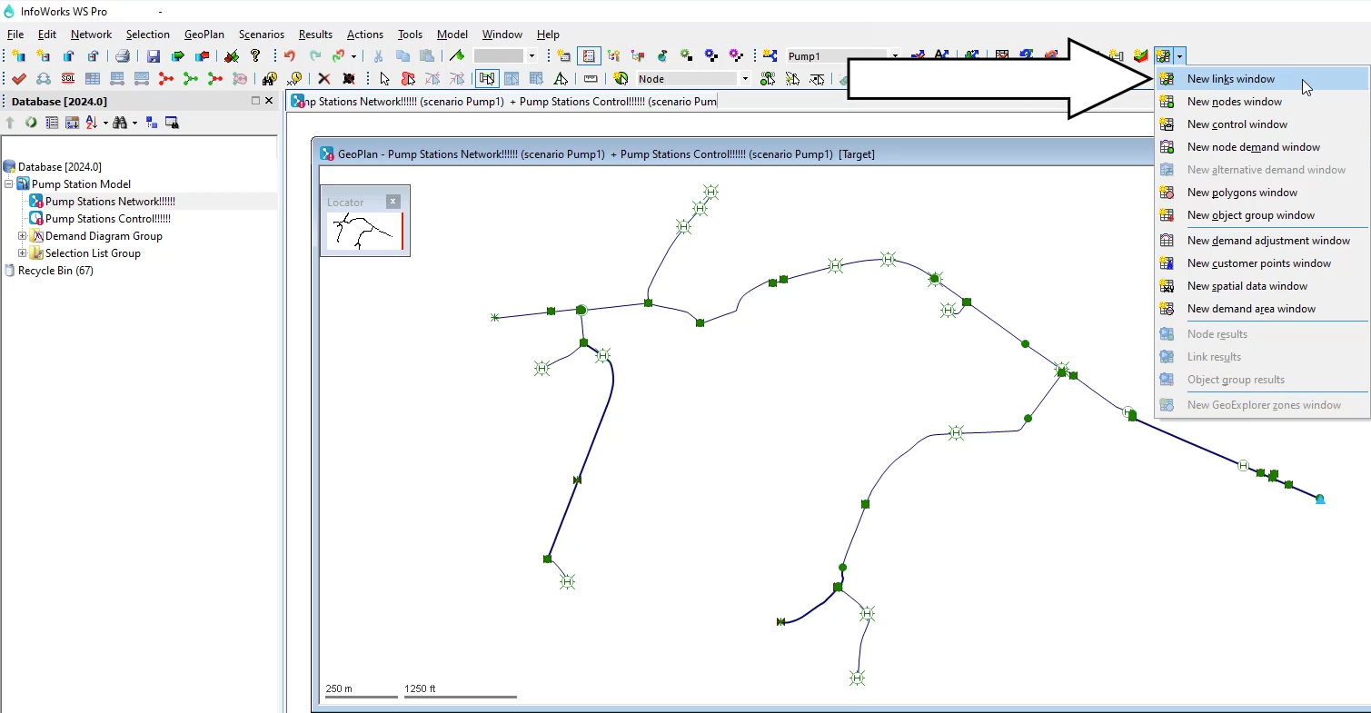 In the InfoWorks WS Pro interface, the Windows toolbar with the Grid window drop-down expanded and New lines window selected, and in the workspace, the Pump1 scenario GeoPlan open.