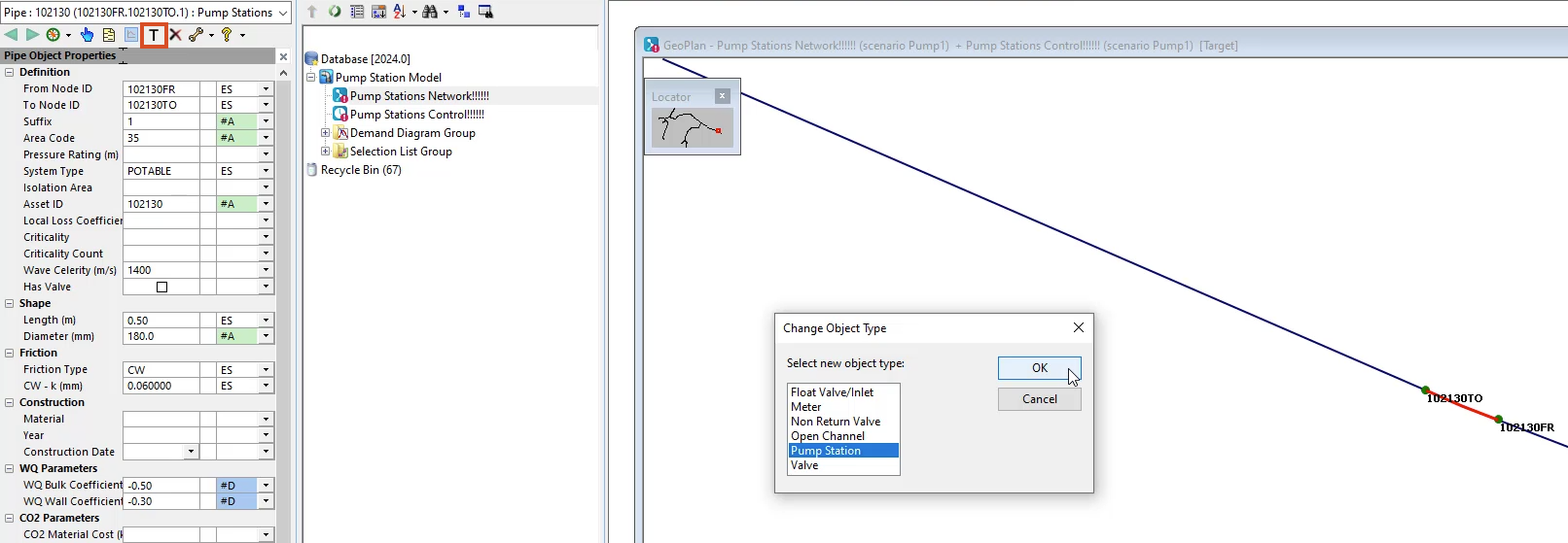 In the Properties panel toolbar, Change type highlighted in red, the Change Object Type dialog box with Pump Station and OK selected, and in the GeoPlan, the selected pipe highlighted in red.