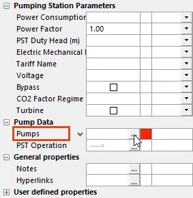 In the Properties panel, Pump Data section, the Pumps row highlighted in red with the More (…) button selected next to the red warning box.