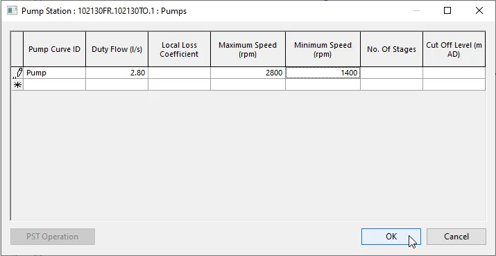 The Pumps page with Pump Curve ID, Maximum Speed (rpm) and Minimum Speed (rpm) entered and OK selected.