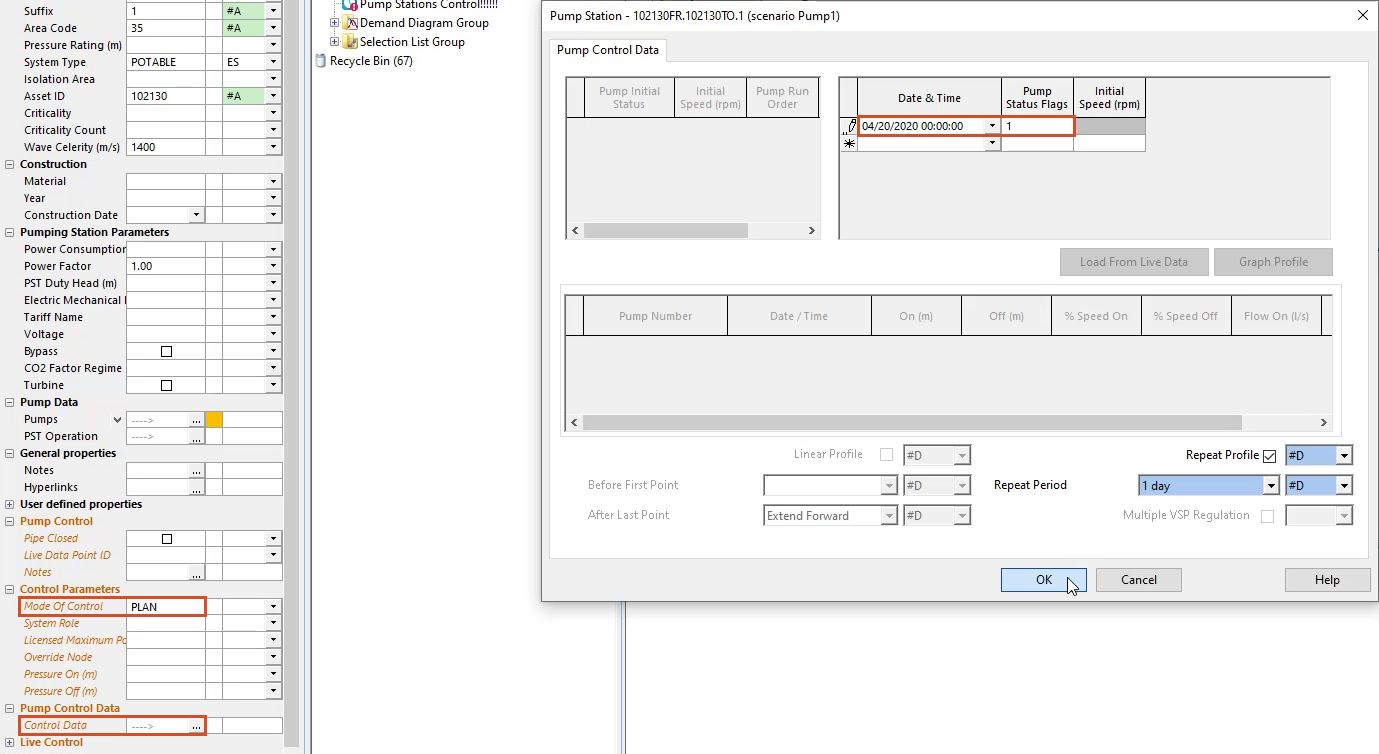 In the Properties panel, Mode of Control and Control Data rows highlighted in red, and on the Pump Control Data page, data entered and highlighted in red, with OK selected.