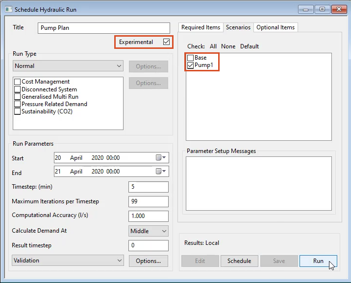 In the Schedule Hydraulic Run dialog box, Scenarios tab, options configured and highlighted in red, and Run selected.