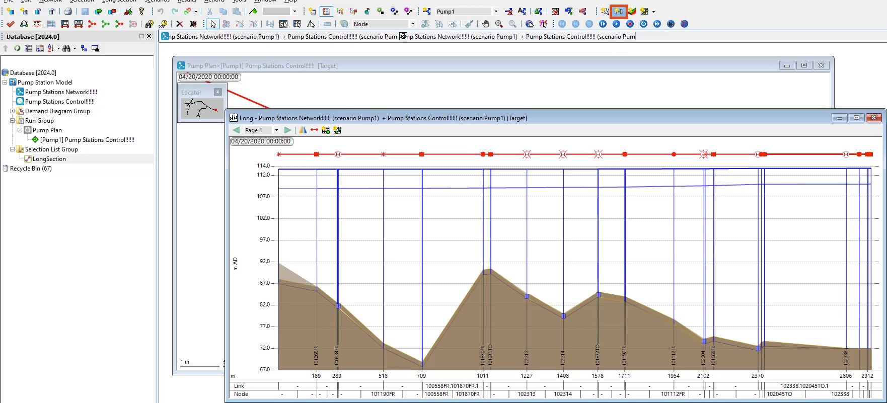 In the Windows toolbar, the New long section selected and highlighted in red, and in the workspace, a long section window displaying a raised hydraulic grade line with the new pump.