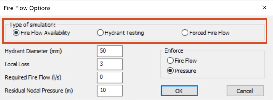 Fire Flow Options window displaying the three types of fire flow simulations.