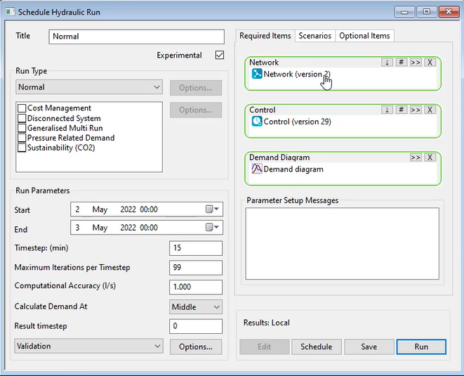 The Schedule Hydraulic Run dialog configured for this run with the network, control, and demand diagram entered.