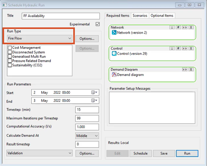 The Schedule Hydraulic Run dialog, with the Run Type set to Fire Flow, the network, control, and demand diagram set, as well as the run parameters set.