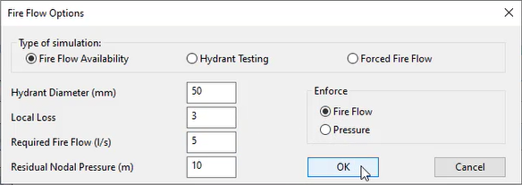 The Fire Flow Options dialog, configured for a Fire Flow Availability simulation that enforces fire flow rather than pressure.