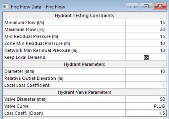 The Fire Flow Data dialog box with the Hydrant Testing Constraints, Hydrant Parameters, and Hydrant Valve Parameters configured for this exercise.