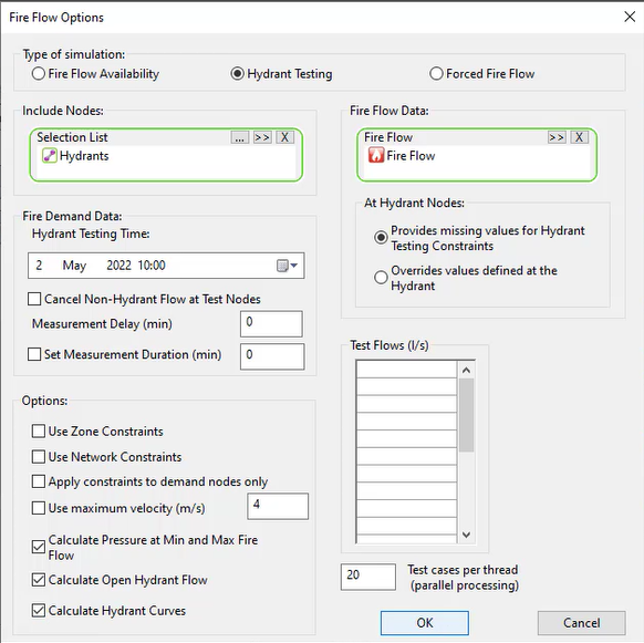 The Fire Flow Options dialog box configured with the Hydrants selection list, Fire Flow fire flow, testing time, and Options selected.