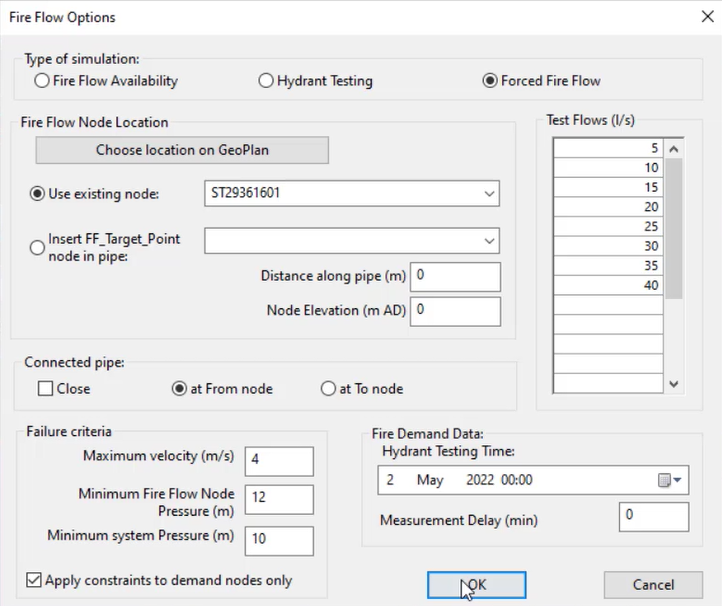 The Fire Flow Option dialog box configured for this exercise with a selected hydrant, test flows set, failure criteria set, and a hydrant testing time set.