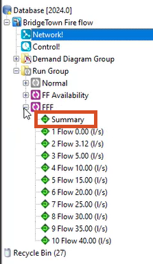 The Model Group window, showing the FFF run group expanded to show all results. Summary is highlighted.