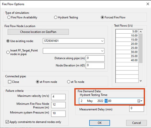 The Fire Flow Options dialog box highlighting the changes in the Hydrant Testing Time field, while the rest of the options are the same.