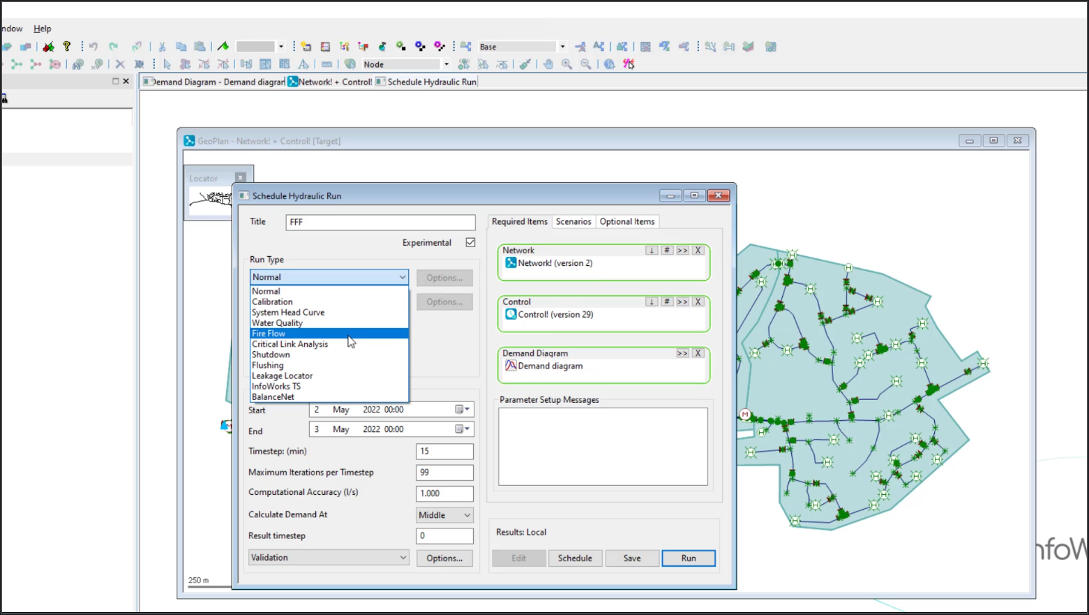 The WS Pro interface zoomed in to see the GeoPlan populated in the background and the Schedule Hydraulic Run dialog box open in the foreground, with the Fire Flow run type being selected.