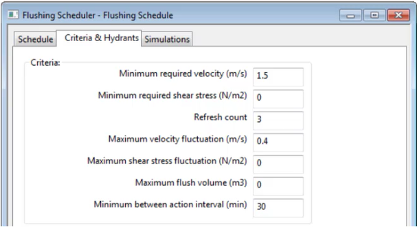 In the Flushing Scheduler, the Criteria & Hydrants tab, with Criteria fields, such as Minimum required velocity and maximum velocity fluctuation.