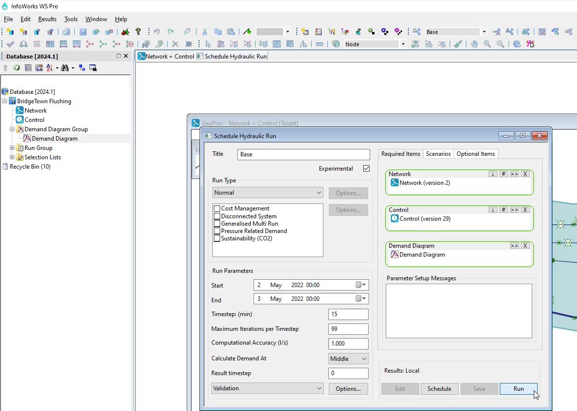 In the InfoWorks WS Pro interface, the Schedule Hydraulic Run dialog box with options configured, and the Network and Control GeoPlan open in the workspace.