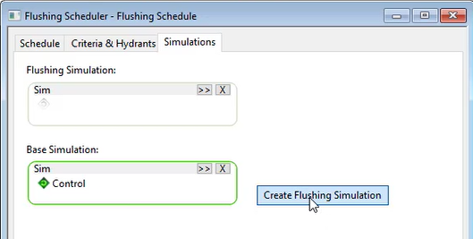 The Flushing Scheduler, Simulations tab, with Create Flushing Simulation selected.