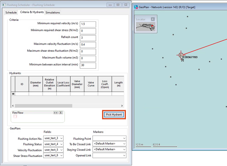 Flushing Scheduler on the Criteria & Hydrants tab displaying the Pick Hydrant procedure on the GeoPlan.