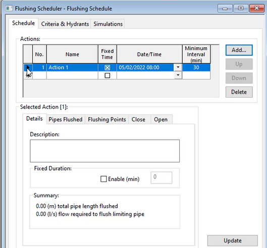 In the Flushing Scheduler, the Schedule tab with options configured for Action 1, which is highlighted in the Actions grid.