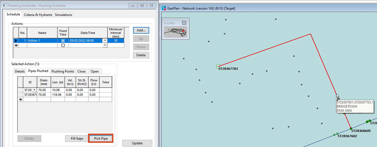 Flushing Scheduler on the Schedule tab displaying the Pick Pipe procedure on the GeoPlan.