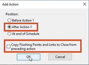 The Add Action dialog box with options configured and highlighted in red, and OK selected.