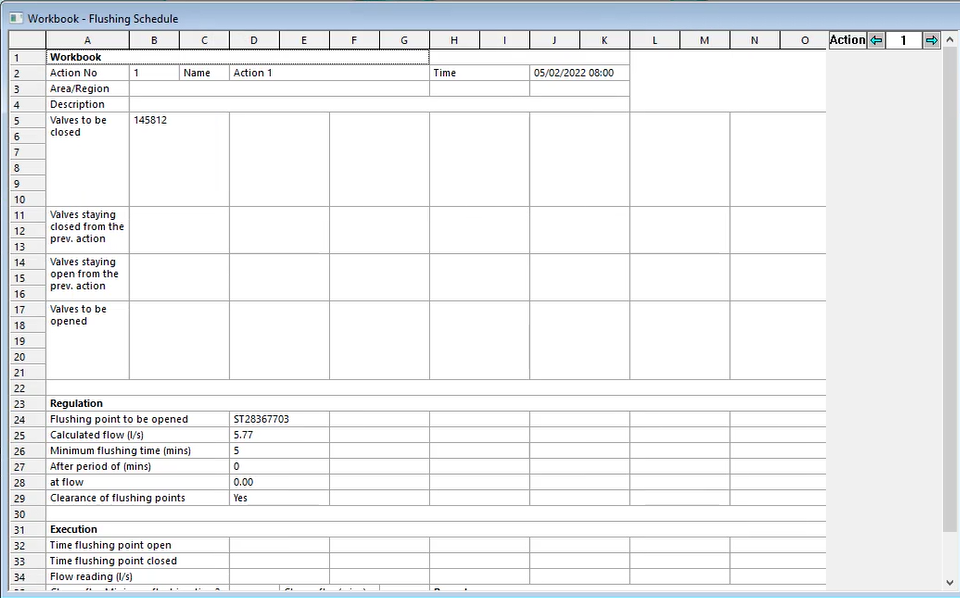 The Flushing Schedule Workbook window displaying details for each action of the flushing schedule.