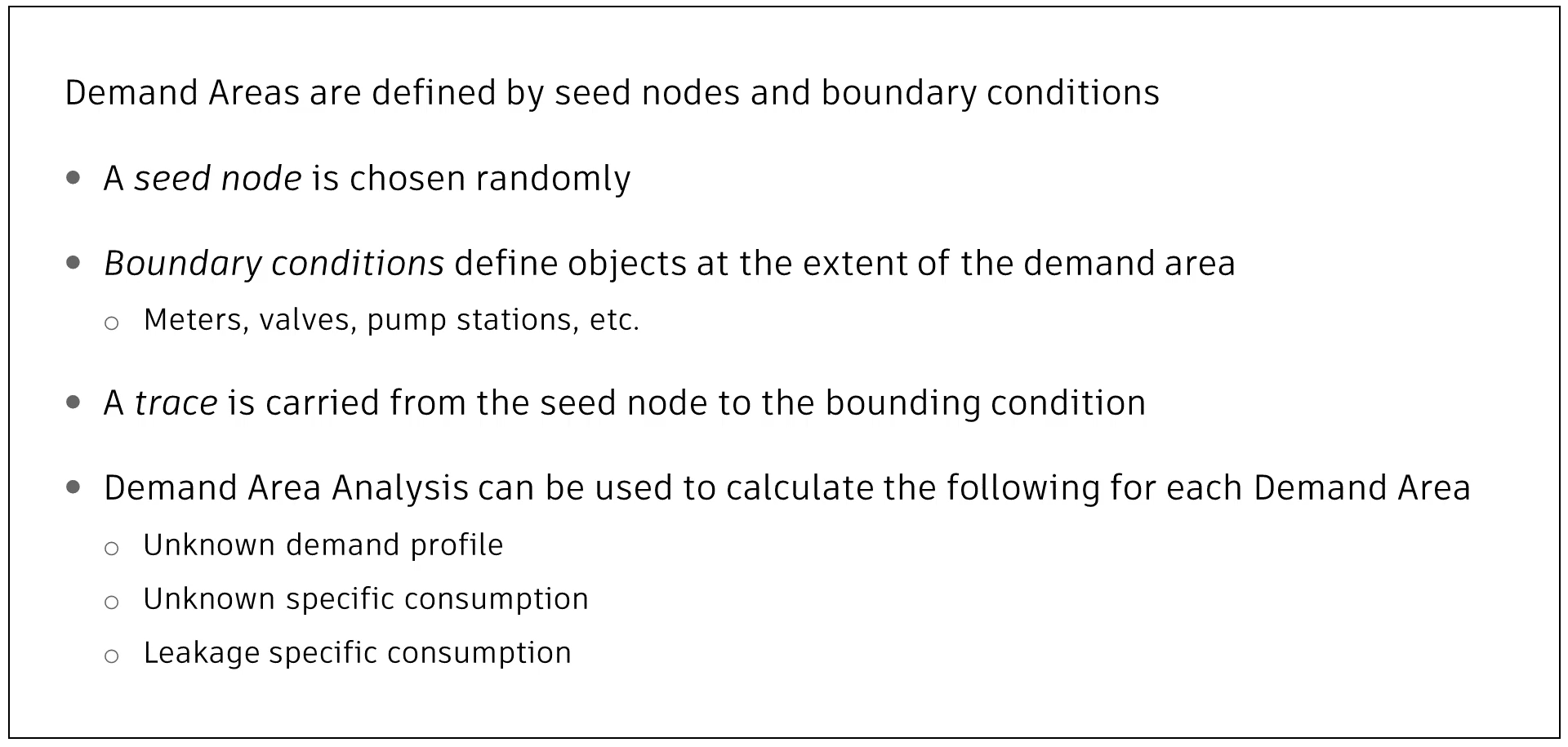 A presentation slide outlining how demand areas are defined and several uses for Demand Area Analysis.