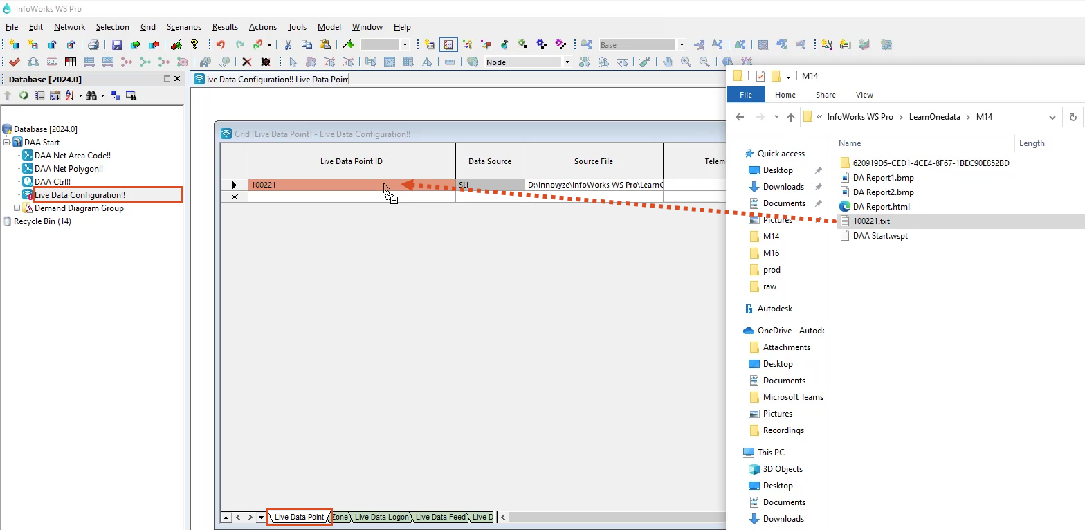 The InfoWorks WS Pro interface, dragging a TXT file from a file browser into the Live Data Configuration grid, Live Data Point ID column.