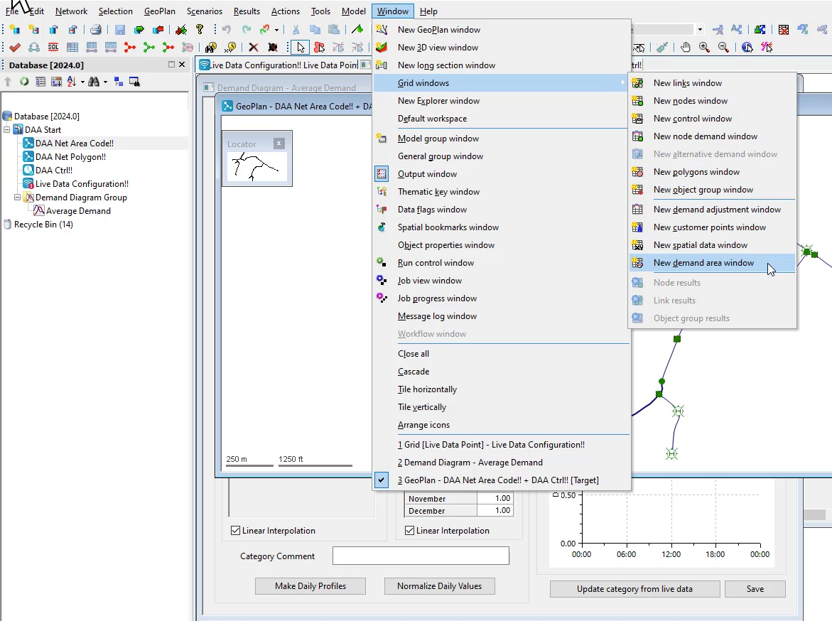 The Window menu with Grid windows selected and New demand area window selected in the flyout; and in the workspace, the required Demand Diagram and GeoPlan open.