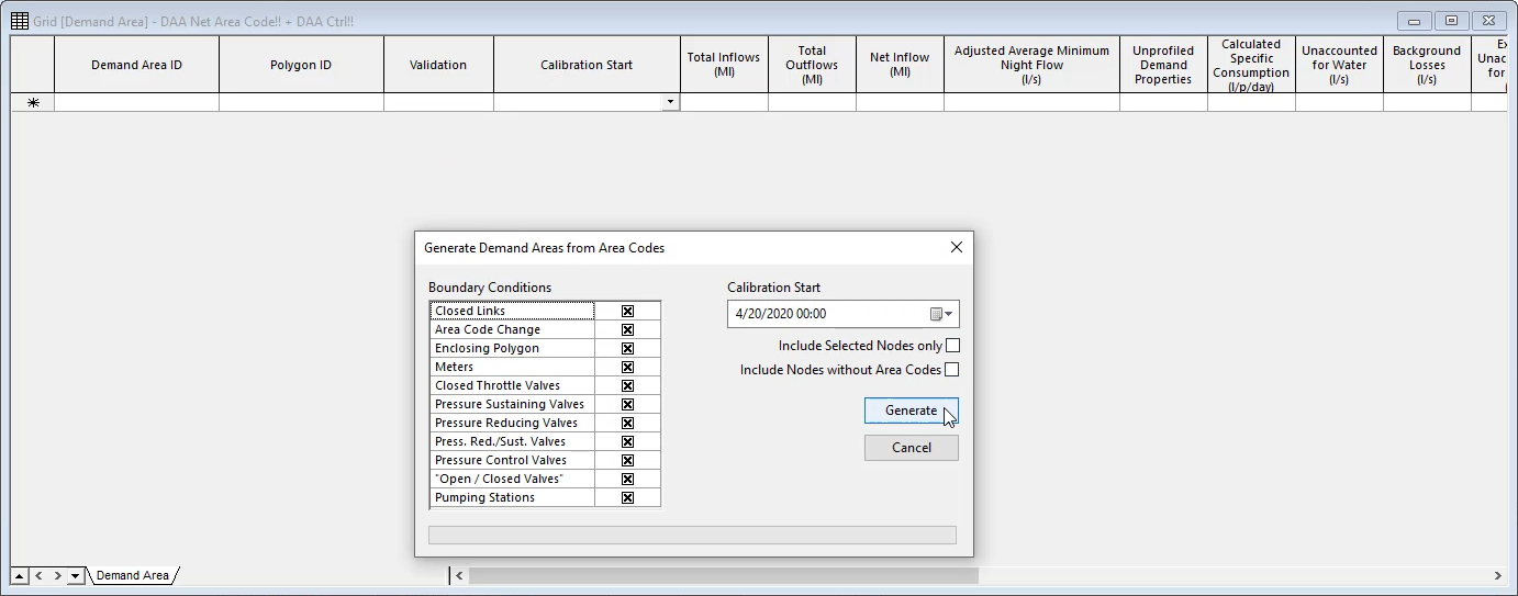 The Generate Demand Areas from Area Codes dialog box with Generate selected, and in the background, the open Demand Area grid.