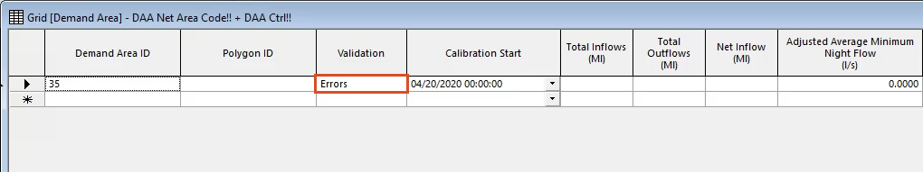 The Demand Area grid after populating, with Errors in the Validation column, highlighted in red.