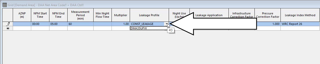 In the Demand Area grid, the Leakage Profile drop-expanded to select DMA35UFW.