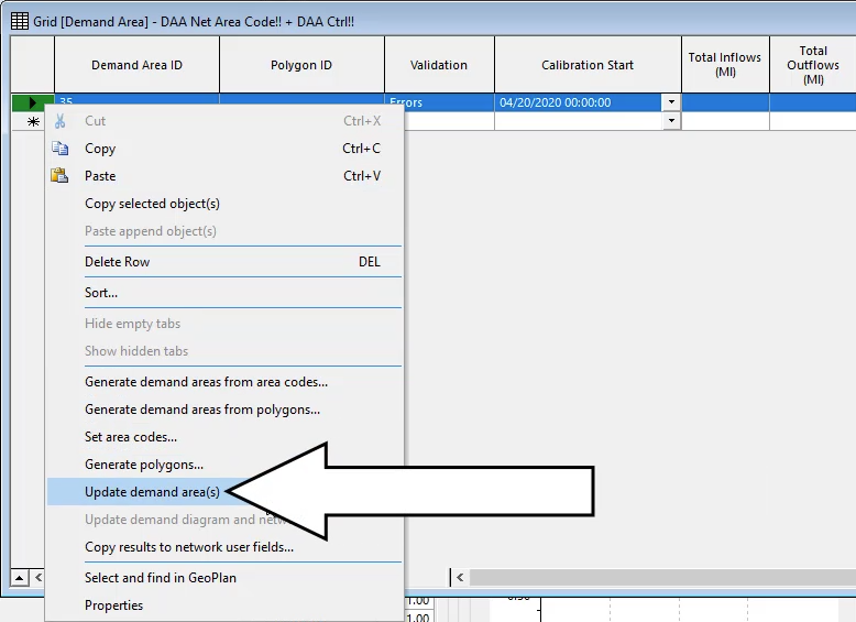 The Demand Area grid with the row for Demand Area ID 35 selected, and in the shortcut menu from right-clicking the table margin, Update demand area(s) selected.