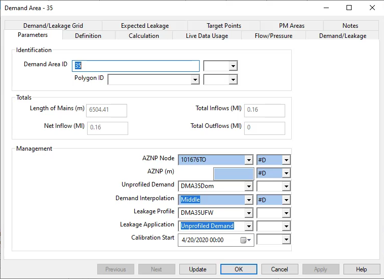 The Demand Area-35 properties dialog box.