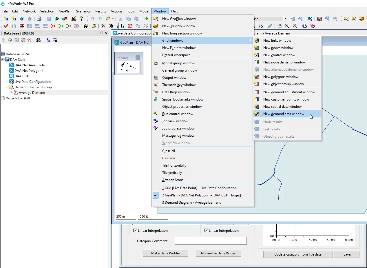 The Window menu with Grid windows selected and New demand area window selected in the flyout; and in the workspace, the required Demand Diagram and GeoPlan open.