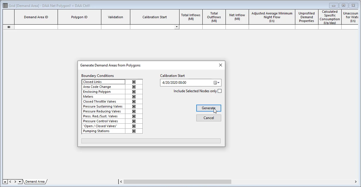 The Generate Demand Areas from Polygons dialog box with Generate selected, and in the background, the open Demand Area grid.