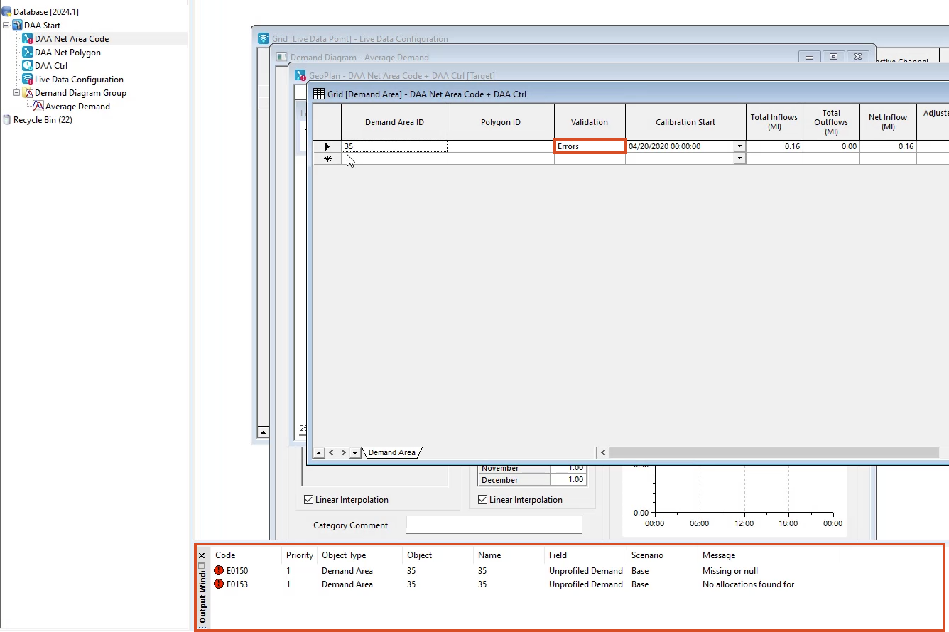 In the InfoWorks WS Pro interface, the Demand Area grid with Errors in the Validation column, highlighted in red, and the validation dialog box displaying error details, also highlighted in red.