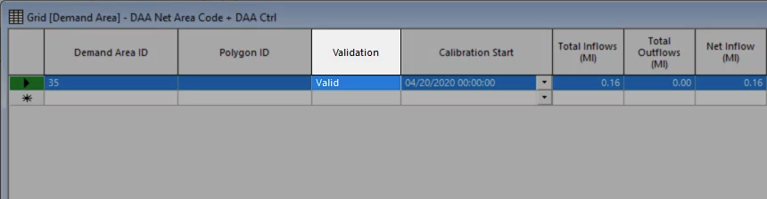 The Demand Area grid after remedying errors, with Valid now appearing in the highlighted Validation column.