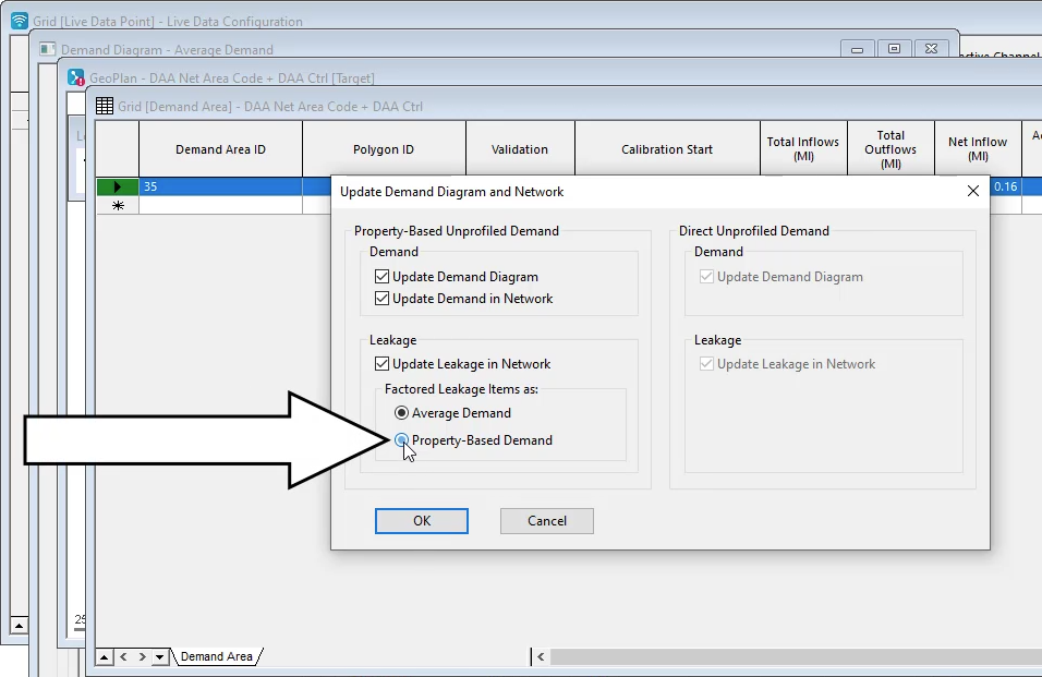 The Update Demand Diagram and Network dialog box with Property Based Demand selected, and in the background, the Demand Area grid, network, control, and demand diagram open.