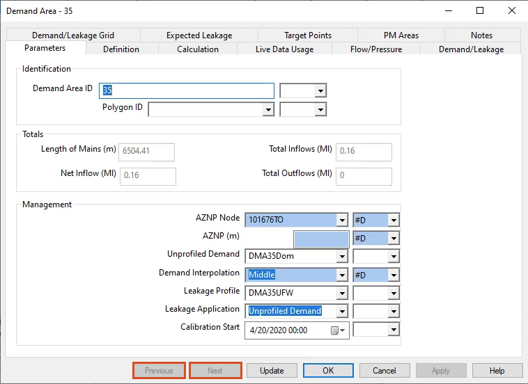 The properties dialog box for demand area 35, with multiple tabs to review results and edit parameters, and with Previous and Next buttons highlighted in red.