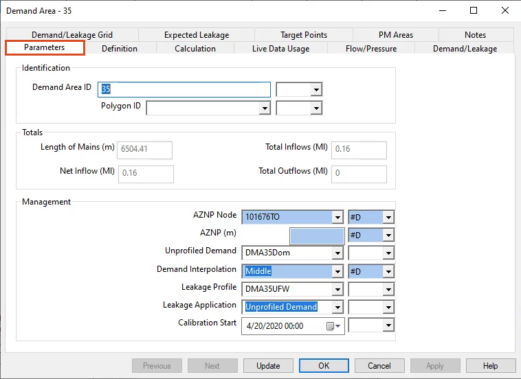 The properties dialog box for Demand Area 35, with the Parameters tab open and highlighted in red.