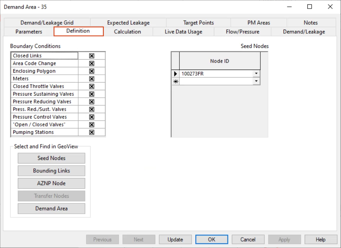 The properties dialog box for Demand Area 35, with the Definition tab open and highlighted in red.