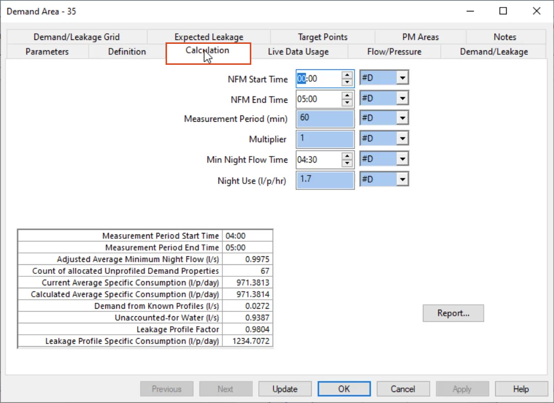 The properties dialog box for Demand Area 35, with the Calculation tab selected and highlighted in red.