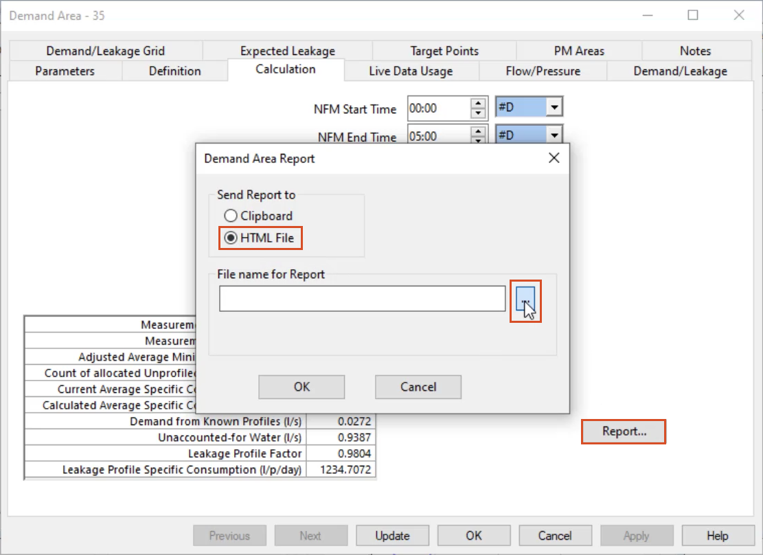 The Demand Area 35 properties dialog box, Calculation tab, with Report highlighted, and in the Demand Area Report dialog box, HTML file and the Browse (…) button are selected and highlighted.