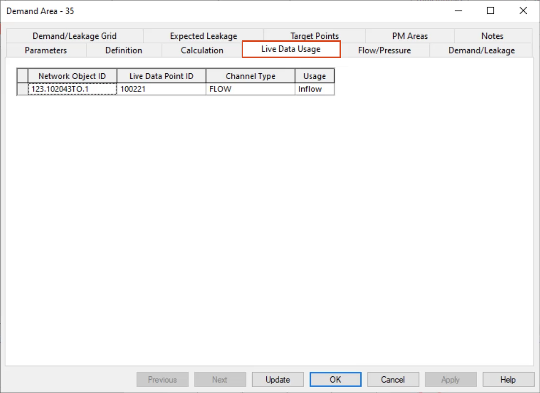 The properties dialog box for Demand Area 35, with the Live Data Usage tab open and highlighted in red.