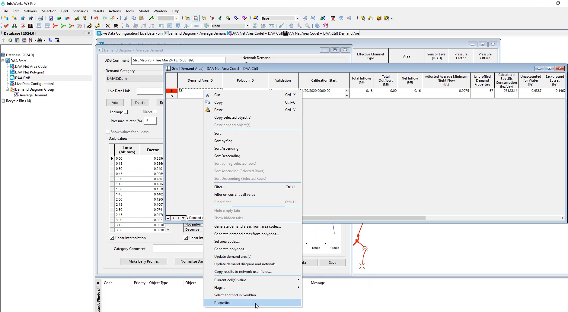 In the InfoWorks WS Pro interface, the Demand Area Grid with the shortcut menu for Demand Area 35 displayed and Properties selected.