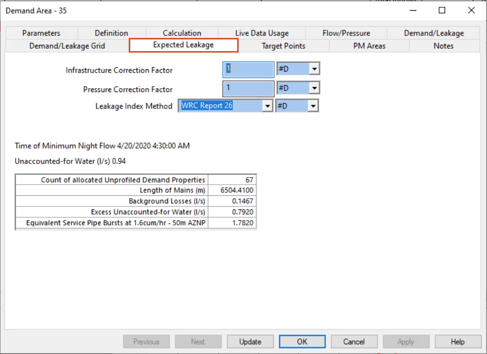 The properties dialog box for Demand Area 35, with the Expected Leakage tab open and highlighted in red.